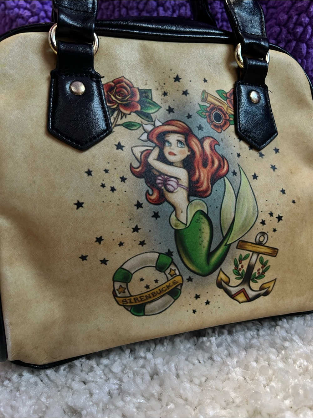 Loungefly Beige The Little Mermaid Tattoo-Print Purse with Black Trim